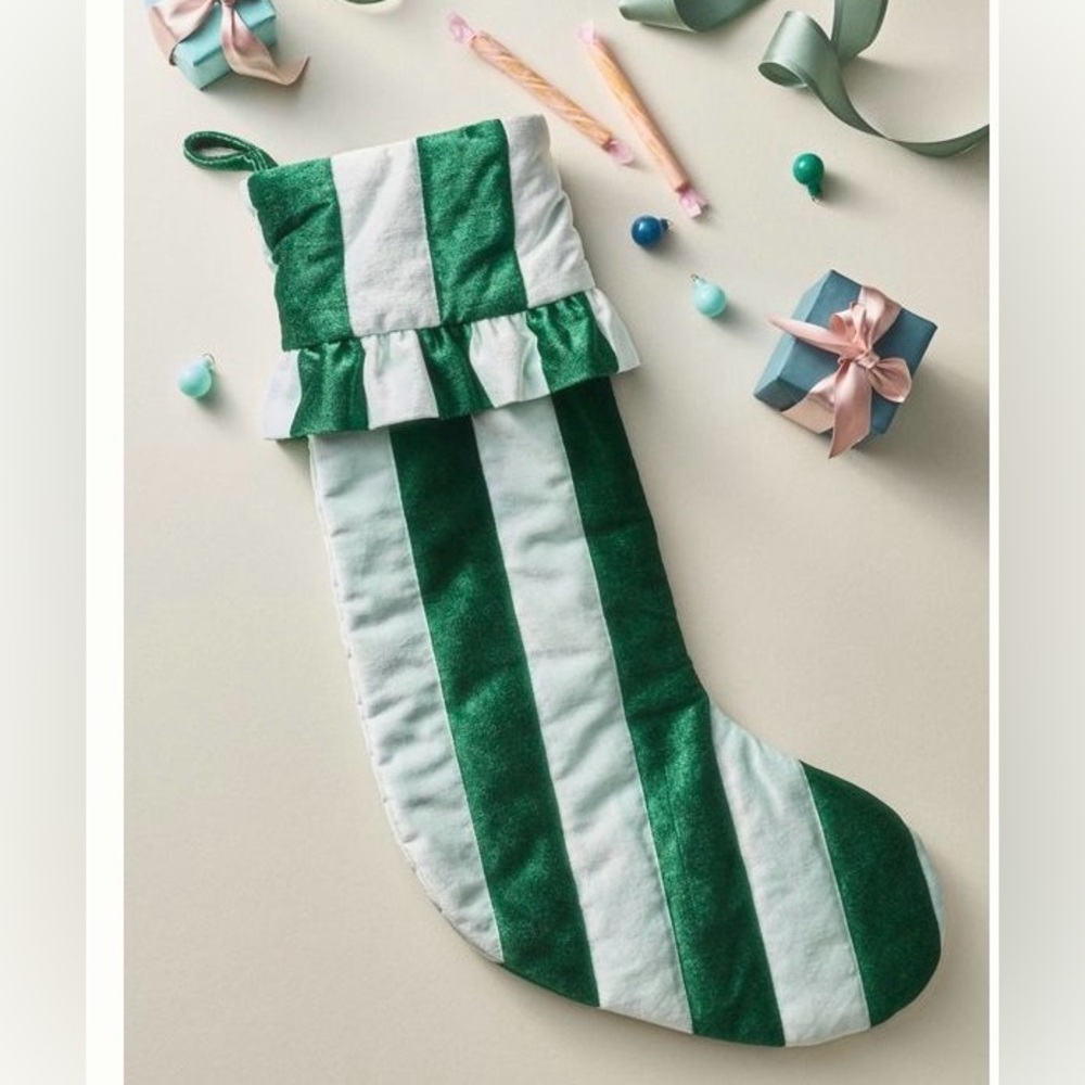 Anthropologie Festive Green and White Striped Stocking‎
